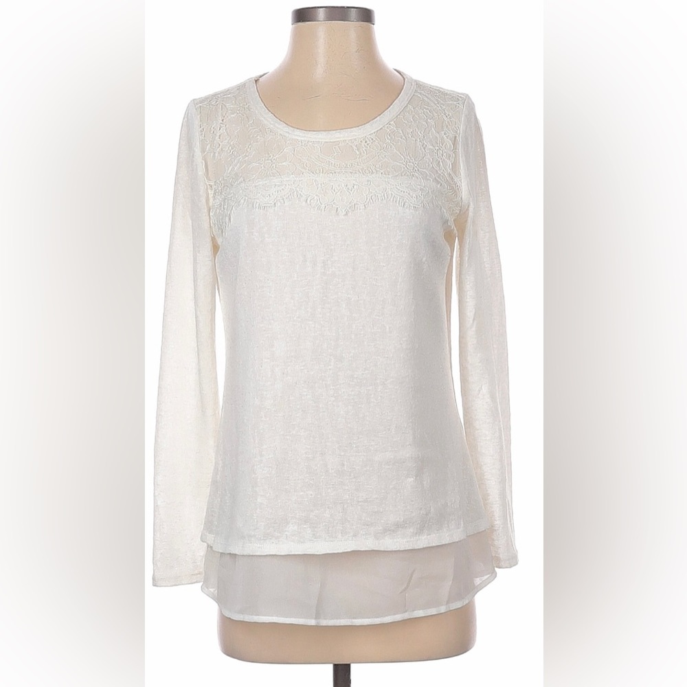 White long sleeve blouse size S eyelash lace and illusion back